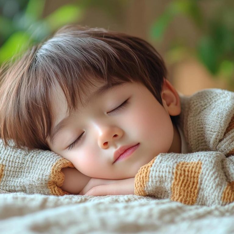 Accordes toi cet instant Un enfant aux cheveux bruns, endormi paisiblement sur un lit, visage serein.